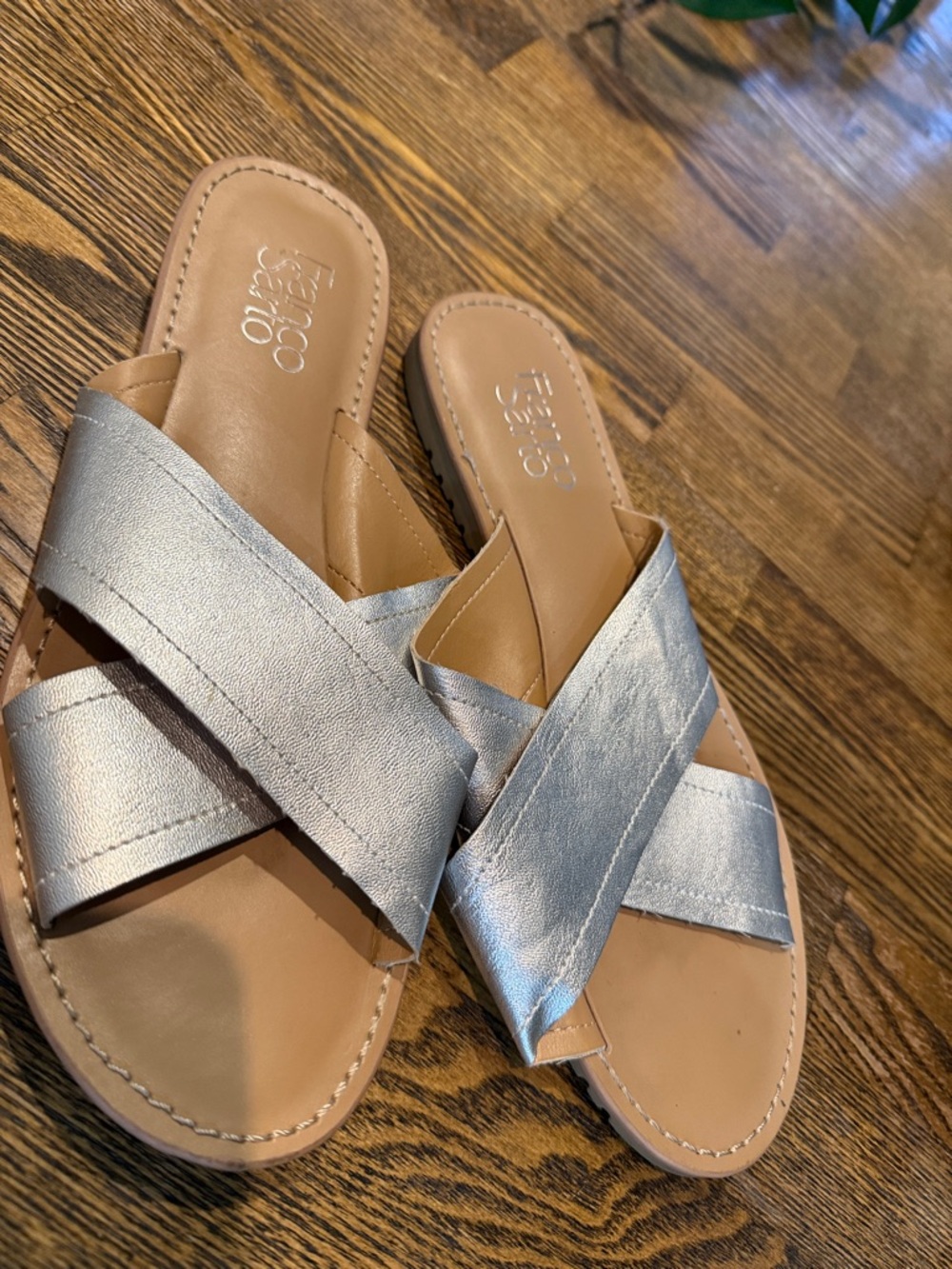 Franco Sarto Metallic Silver Cross-Strap Slide Sandals